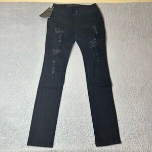 2Q Jeans Womens Juniors 7 Black High Rise Flat Front Distressed Denim NEW‎